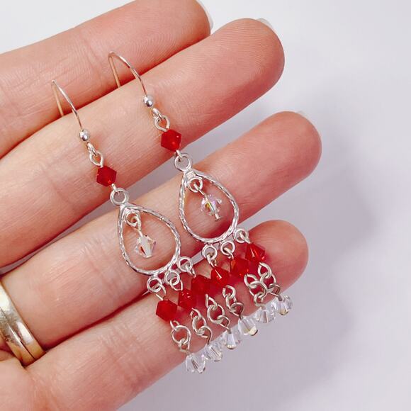 Vintage Artisan Sterling Silver Red Swarovski Crystal Dangle Earrings Handmade - Picture 3 of 13